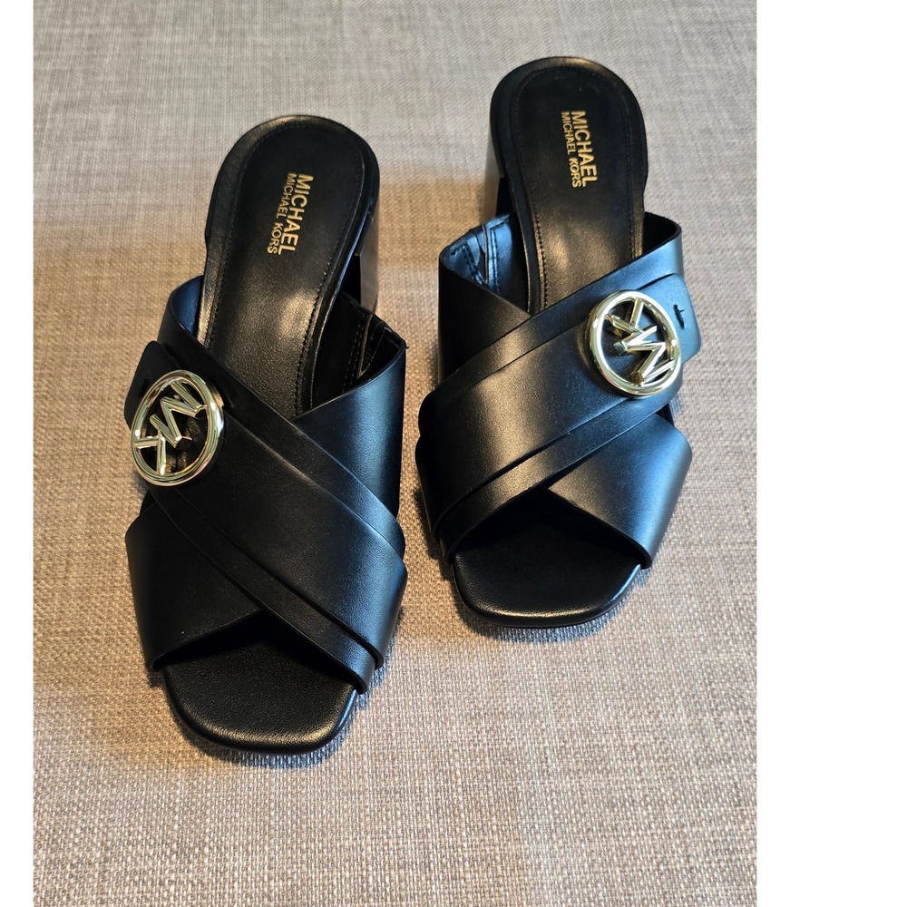 Michael Kors Carmen Logo Black Faux Leather Block Heel Mules Sandals 6M PV22D
